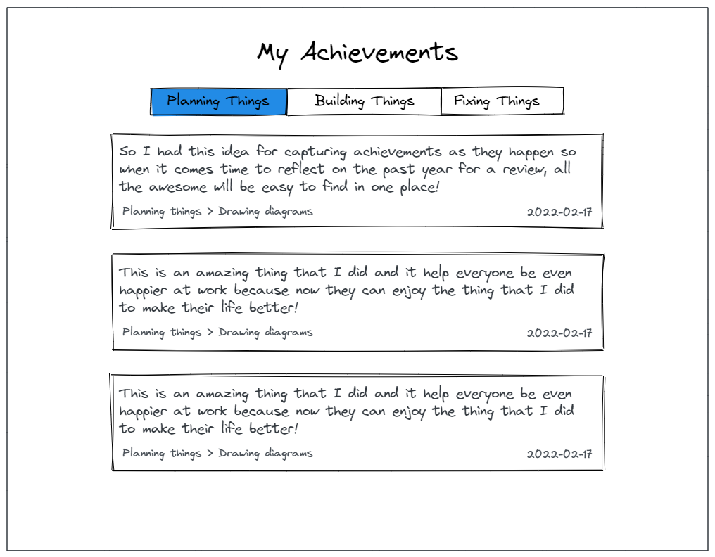 Mockup design for displaying recorded achievements